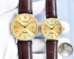 Replica Rolex Cellini Gold Dial Gold Bezel Couple Leather Strap Watch